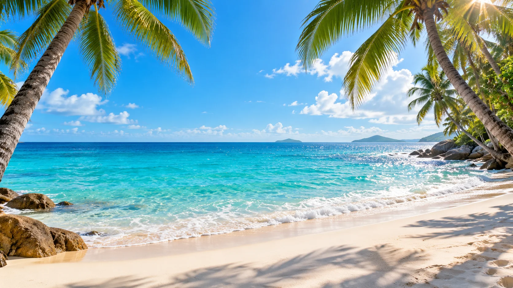 Sunlit palm trees framing a white-sand beach and crystal-clear turquoise water